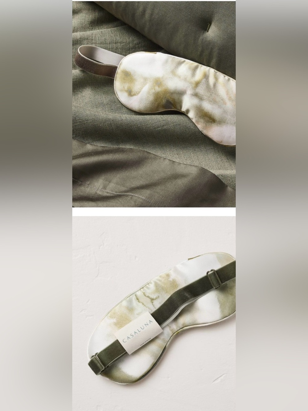 Casaluna Marble-Pattern Silk Eye Mask in Olive Watercolor - Picture 3 of 3